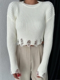Women's Distressed Cropped Knit Sweater Cotton Polyester Pullover Round Neck Long Sleeve Ripped Ribbed Jumper For Streetwear Spicy Girl Autumn Winter