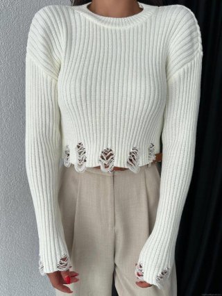 Women's Distressed Cropped Knit Sweater Cotton Polyester Pullover Round Neck Long Sleeve Ripped Ribbed Jumper For Streetwear Spicy Girl Autumn Winter