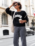 Women Fashion AMOUR Letter Flocking Knit Sweater Round Neck Contrast Trim Loose Long Sleeve Pullover Casual Streetwear Top