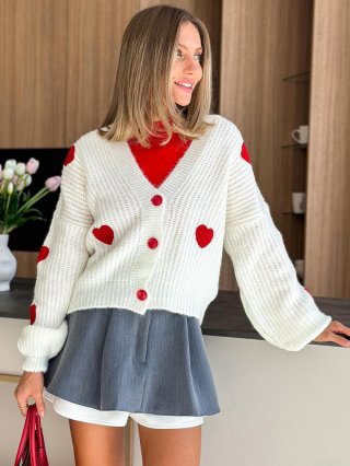 Women's Heart Pattern Knit Cardigan V-Neck Long Sleeve Button Up Sweater Acrylic Blend Loose Outerwear For Autumn Winter Casual Daily Wear Sweet Chic White Red