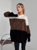 Women's Leopard Print Patchwork Knitted Sweater Crew Neck Color Block Pullover Loose Long Sleeve Autumn Winter Casual Knitwear Top