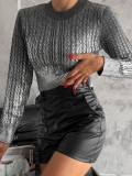 Women's Metallic Silver Coated Knit Sweater Round Neck Long Sleeve Crop Top Cable Knit Pullover American Street Style Fashion Autumn Winter Shiny Jumper