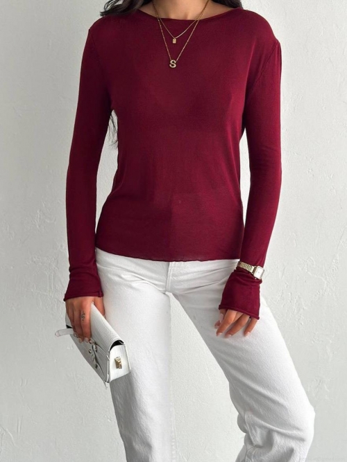 Women Sheer Knit Sweater Thin Round Neck Long Sleeve Pullover Casual Vacation Style Viscose Blend Lightweight Top for Spring Summer