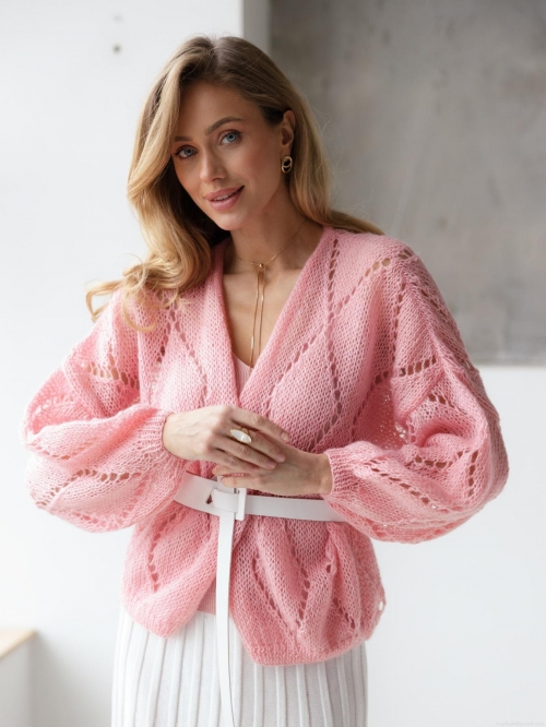 Women's Diamond Hollow Knit Cardigan Sexy V-Neck Lantern Sleeve Short Sweater Elegant Spring Autumn Lightweight Viscose Blend Crochet Knit Top For Women