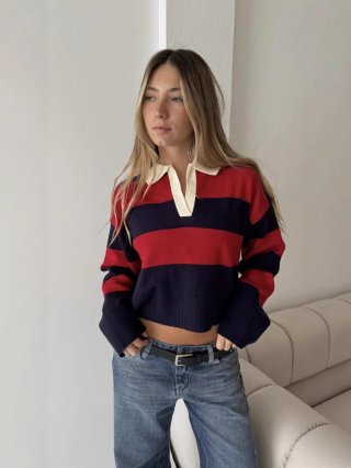 Women's American Vintage Striped Knitted Polo Sweater Long Sleeve Cropped Pullover Top Contrast Color Preppy Style Casual Knitwear For Women