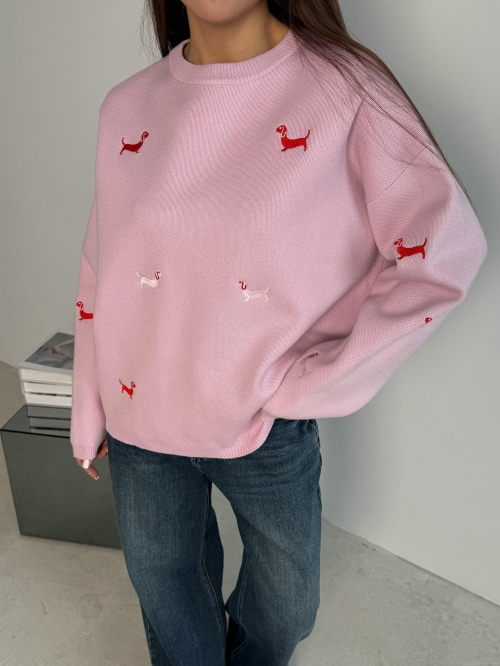 Women's Knit Sweater Loose Casual Dachshund Puppy Embroidery Crew Neck Long Sleeve Pullover Acrylic Polyester Blend Versatile Knitted Top For Women Streetwear