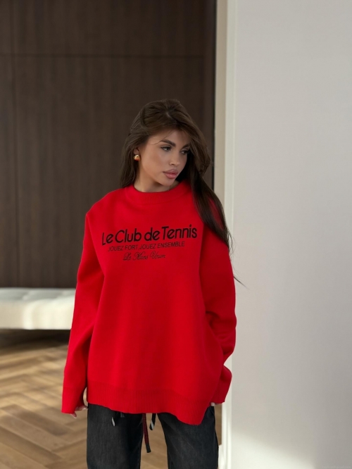 Women French Retro Le Club de Tennis Letter Print Oversized Sweater Casual Acrylic Polyester Blend Knit Round Neck Long Sleeve Pullover Tops For Autumn Winter Daily Streetwear