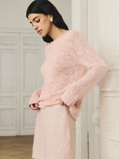 Women's Sequin Knit Sweater Loose Pullover Long Sleeve Round Neck Shiny Jumper For Party Casual Street Style Pink Black Soft Sequin Decoration Top