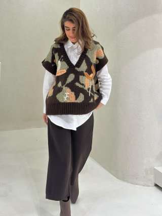 Women V-Neck Knit Sweater Vest 80% Cotton Blend Abstract Floral Print Sleeveless Pullover Retro Old Money Style Casual Top For Spring Autumn Streetwear