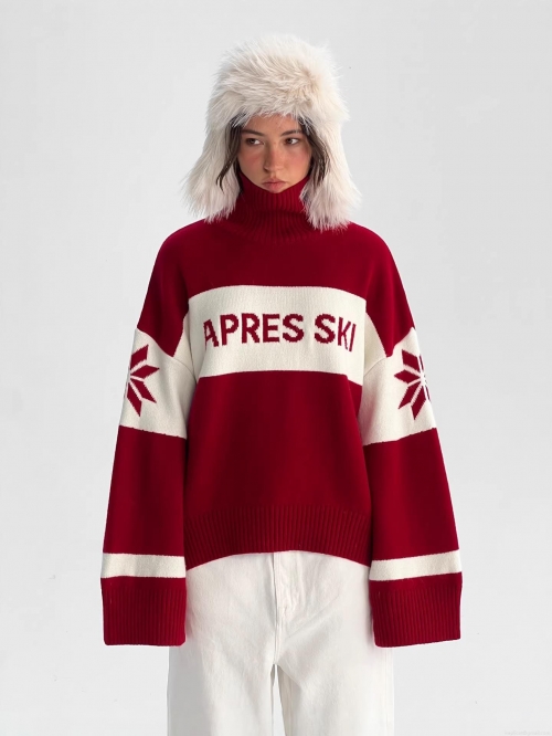 Women's Oversized Christmas Knit Sweater Cotton Blend High Neck Snowflake Apres Ski Pullover Winter Streetwear Jumper Top