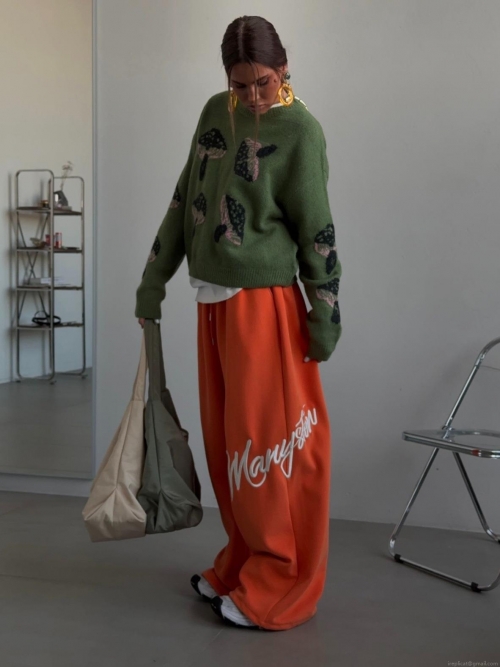 Women's Mushroom Pattern Knit Sweater Long Sleeve Cotton Blend Loose Pullover Casual Crewneck Oversized Jumper Streetwear Spring Autumn Top