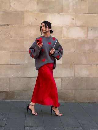 Women's Oversized Heart Pattern Knitted Sweater Cotton Blend Casual Slouchy Round Neck Long Sleeve Pullover Tops For Autumn Winter