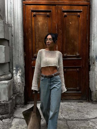 Women Sexy Hollow Out Knit Sweater Cotton Blend Long Sleeve Round Neck Perspective Mesh Crop Top Pullover Casual Streetwear Jumper Navel Exposed Knitwear