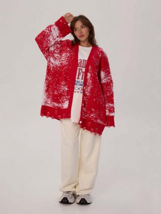 Women's Oversized Distressed Knit Cardigan Red White Splatter World Map Print Long Sleeve V-Neck Loose Sweater Coat Streetwear Lazy Style Cardigan