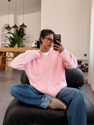 Women's American Retro Street Style V-Neck Sweater 80% Cotton 20% Polyester Knitted Long Sleeve Loose Fit Oversized Solid Color Warm Pullover Top For Autumn Winter Lazy Style