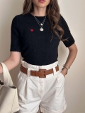 Women Short Sleeve Knit Sweater Heart Embroidery Round Neck Loose Fit Cotton Blend Soft Pullover Casual Chic Top French Style Autumn Winter Layering