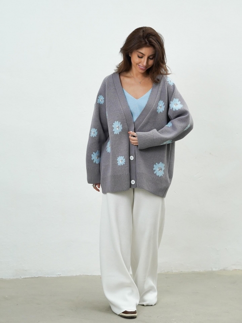 Women's Knit Cardigan Sweater Daisy Embroidery Cotton Polyester Blend Loose Fit Warm Button Down Lazy Style Knitwear For Autumn Winter Casual Outerwear Ladies Top