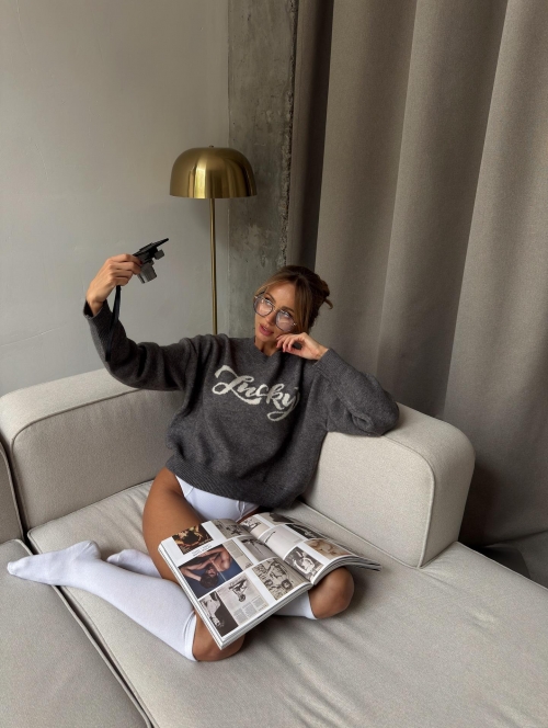 Women's Knit Pullover Sweater 80% Cotton 20% Polyester Lucky Letter Jacquard Round Neck Long Sleeve Lazy Oversized Jumper For Autumn Winter Streetwear