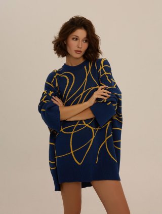 Women's Maillard Oversized Knit Sweater 80% Cotton Blend Abstract Line Print Round Neck Long Sleeve Lazy Style Pullover Top for Fall Winter