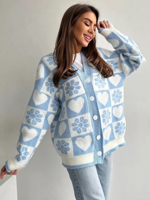 Women's Heart Pattern Flower Knit Cardigan Sweater V-Neck Long Sleeve Cotton Polyester Blend Loose Fit Button Down Autumn Winter Casual Outerwear Knitwear