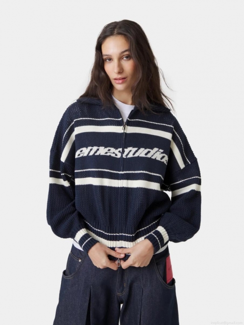 American Retro Striped Zip Up Knit Sweater Jacket For Women Men Contrast Color Turn-down Collar Loose Fit Long Sleeve Cardigan Casual Streetwear Knitwear Top