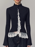 Women's French Elegant Slim Fit Knit Sweater Long Sleeve Ribbed Cardigan With Contrast Floral Lace Trim Base Shirt Top For Autumn Winter