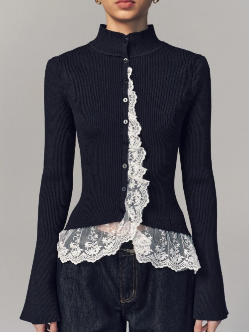 Women's French Elegant Slim Fit Knit Sweater Long Sleeve Ribbed Cardigan With Contrast Floral Lace Trim Base Shirt Top For Autumn Winter