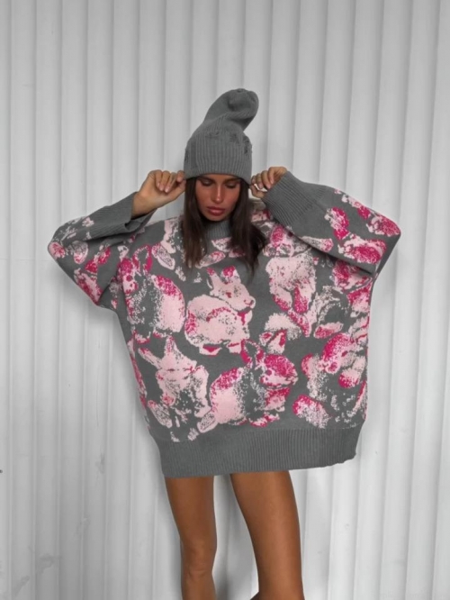 Women's Oversized Knit Sweater Cotton Blend Rabbit Jacquard Long Sleeve Pullover Casual Lazy Style Autumn Winter Warm Knitwear Top