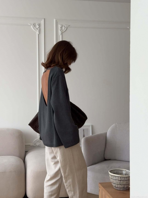 Women's Open Back Pullover Sweater Cotton Polyester Blend Oversized Knit Top Soft Lazy Style Long Sleeve Jumper For Autumn Winter Casual Daily Wear