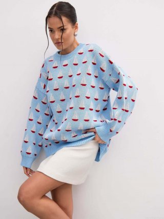 Women's Sailboat Pattern Jacquard Knitted Sweater Casual Loose Round Neck Long Sleeve Pullover Cotton Blend Autumn Winter Fashion Jumper Tops