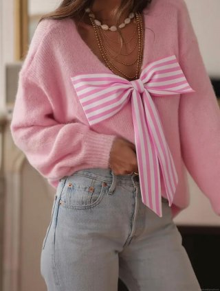 Women V Neck Knitted Sweater With Large Striped Bow Backless Loose Pullover Long Lantern Sleeve Soft Casual Elegant Jumper Tops For Women