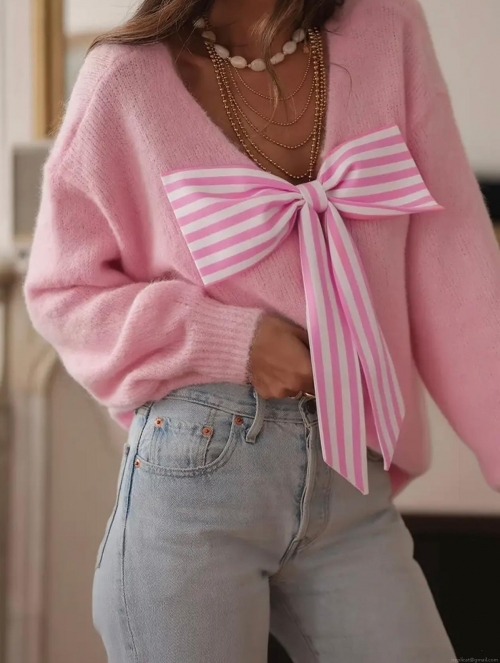 Women V Neck Knitted Sweater With Large Striped Bow Backless Loose Pullover Long Lantern Sleeve Soft Casual Elegant Jumper Tops For Women