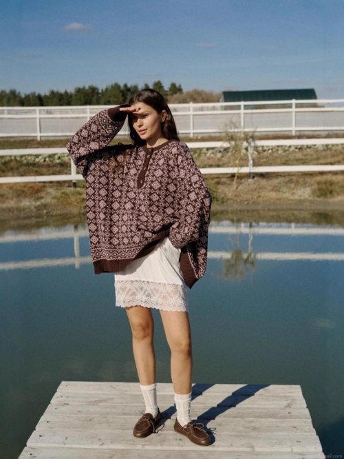 Women Retro Vintage Geometric Jacquard Knitted Sweater Loose Fit Long Sleeve Cotton Blend Pullover With Half Button Collar Casual Lazy Style Warm Jumper For Autumn Winter