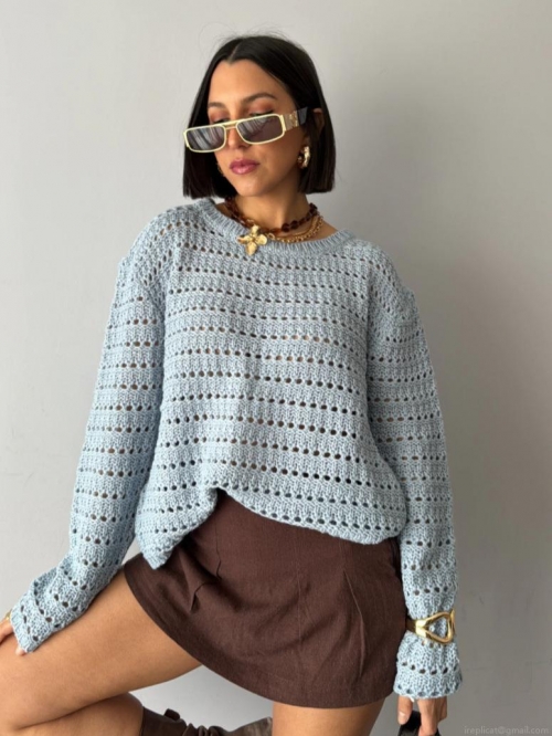 Women's Hollow Out Crochet Knit Top Cotton Blend Long Sleeve Round Neck Loose Casual Pullover Sweater For Spring Autumn Daily Wear Ladies