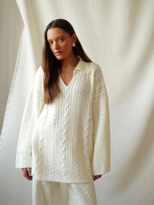 Women Retro Cable Knit Sweater Lapel V-Neck Oversized Pullover Warm Cotton Polyester Blend Knitwear For Autumn Winter Casual Daily Women's Tops