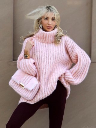 Women's Oversized Chunky Knit High Neck Sweater Loose Long Sleeve Soft Fluffy Polyester Pullover Autumn Winter Warm Macaron Color Solid Jumper Top
