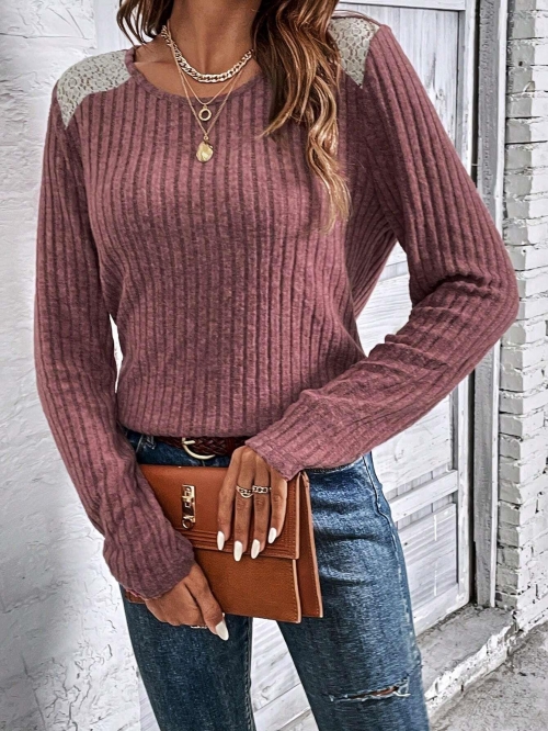 Women's Ribbed Knit Sweater Elegant Lace Patchwork Round Neck Long Sleeve Polyester Spandex Blend Slim Fit Pullover Top for Autumn Winter