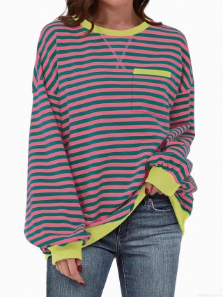 Women's Casual Striped Crew Neck Sweatshirt Loose Fit Color Block Long Sleeve Pullover Top With Chest Pocket Soft Comfortable Autumn Winter Warm Fashion Hoodies