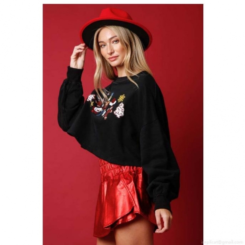Women Christmas Nutcracker Embroidery Short Sweatshirt Casual Loose Crew Neck Long Sleeve Polyester Pullover Holiday Party Festival Top