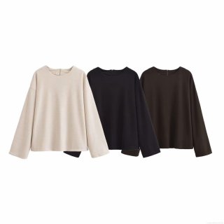 Women's Solid Color Sweatshirt Long Sleeve Round Neck Pullover Top With Back Zipper Minimalist Polyester Streetwear Casual Loose Clothing