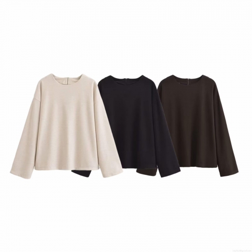 Women's Solid Color Sweatshirt Long Sleeve Round Neck Pullover Top With Back Zipper Minimalist Polyester Streetwear Casual Loose Clothing