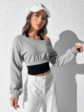 Women's Sexy Off The Shoulder Crop Sweatshirt Long Sleeve Patchwork Knit Top Heather Gray Streetwear Casual Slim Fit Pullover Jumper For Ladies
