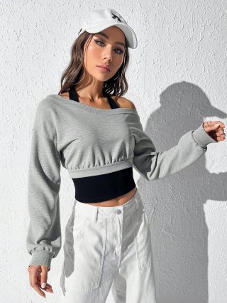 Women's Sexy Off The Shoulder Crop Sweatshirt Long Sleeve Patchwork Knit Top Heather Gray Streetwear Casual Slim Fit Pullover Jumper For Ladies