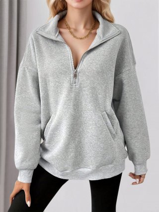 Women's Casual Half Zip Sweatshirt Long Sleeve High Neck Pullover Loose Fit Solid Color Sweatshirt With Pockets Minimalist Sports Top For Women