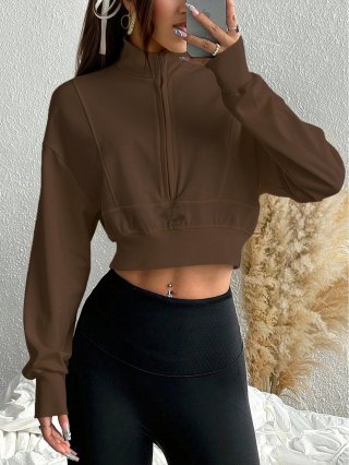 Women's Vintage Half Zipper Stand Collar Short Sweatshirt 80% Polyester 20% Cotton Long Sleeve Casual Sporty Pullover Top For Autumn Winter