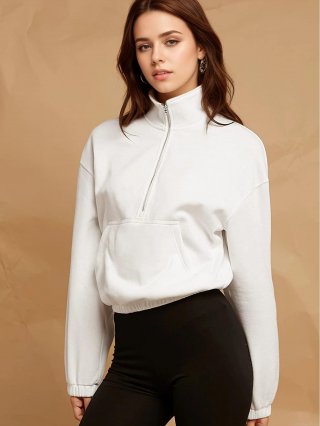 Women's Casual Half Zip Sweatshirt Oversized Pullover With Kangaroo Pocket Fleece Lined Stand Collar Solid Color Long Sleeve Sweatshirt For Women