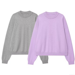 Women's Casual Round Neck Long Sleeve Knit Sweatshirt Loose Fit Solid Color Drop Shoulder Pullover Top Streetwear Autumn Winter Clothing Lavender Purple Grey