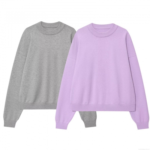 Women's Casual Round Neck Long Sleeve Knit Sweatshirt Loose Fit Solid Color Drop Shoulder Pullover Top Streetwear Autumn Winter Clothing Lavender Purple Grey