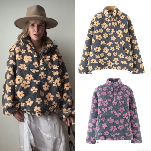 Women's Floral Print Sherpa Fleece Sweatshirt Half Zip Stand Collar Loose Pullover Hoodie With Kangaroo Pocket Casual Winter Streetwear Top