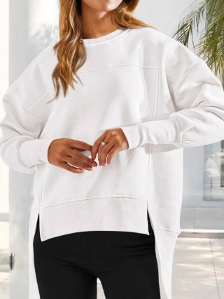 Women's Casual Oversized Sweatshirt Polyester Blend Round Neck Long Sleeve Side Slits Drop Shoulder Pullover Top For Autumn Winter Sport Women Clothes